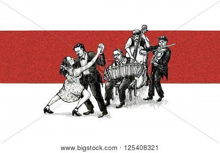 Tango dancers and musicians playing violin, bass and bandoneon