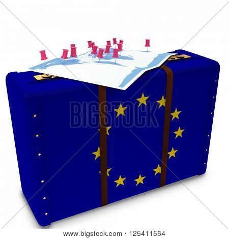 Map with markers against eu flag suitcase