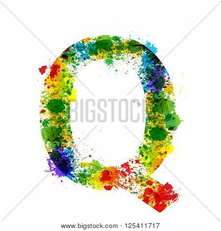 Color Paint Splashes. Gradient Vector Font. Watercolor Designer Decoration Alphabet. Colar ink Symbols Isolated ob a White Background. Letter Q