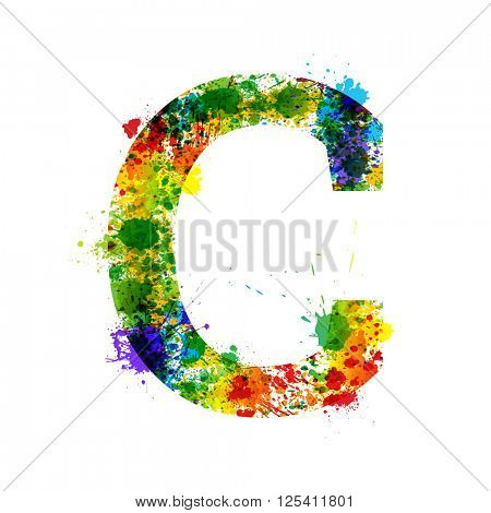 Color Paint Splashes. Gradient Vector Font. Watercolor Designer Decoration Alphabet. Colar ink Symbols Isolated ob a White Background. Letter C