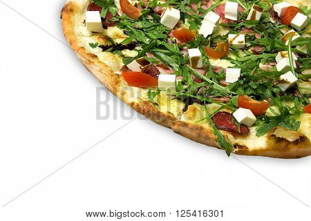 Appetizing pizza with ham, salami, arugula, cherry tomatoes, fetaksa, balsamic isolated on white