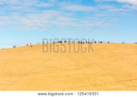 People Visiting The Highest Sand Dune Of Pyla In Europe