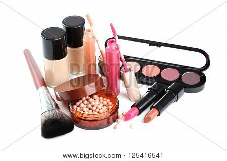 Makeup Brush And Cosmetics Isolated On A White