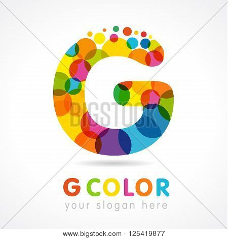 Letter G colored logotype. Isolated colour emblem. Stained glass colored modern template. Clouds and bubbles with multicolored bunch. Soft shape branding sign. Creative mosaic texture, trendy label.