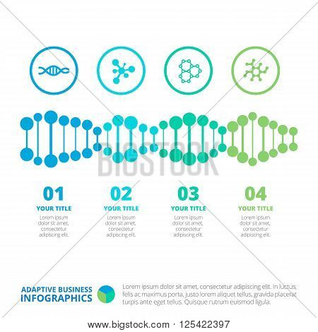 Editable infographic template of flowchart representing chain of DNA with numbers, titles and sample text, multicolored version