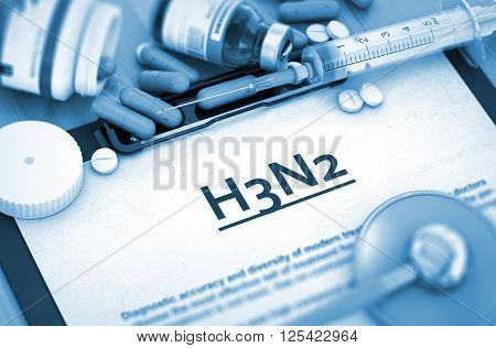 Diagnosis - H3N2 On Background of Medicaments Composition - Pills, Injections and Syringe. H3N2, Medical Concept with Selective Focus. 3D Render.