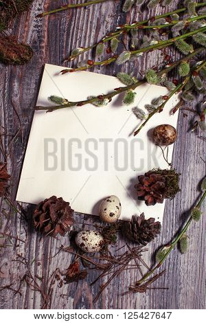 Easter eggs in a nest with feathers and moss with a blank card or a letter a sprig of willow Easter theme on a wooden background.