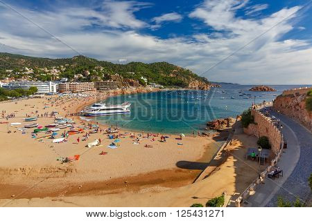 Aerial view of Gran Platja beach and Badia de Tossa bay in Tossa de Mar on the Costa Brava, Catalunya, Spain