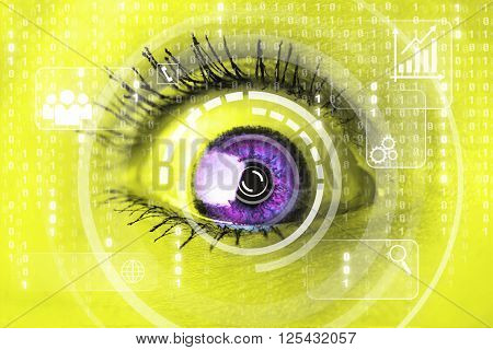 Modern cyber woman with matrix eye concept. Macro shot