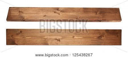 Brown paint coated pine wood board plank isolated over the white background, set of two foreshortenigns