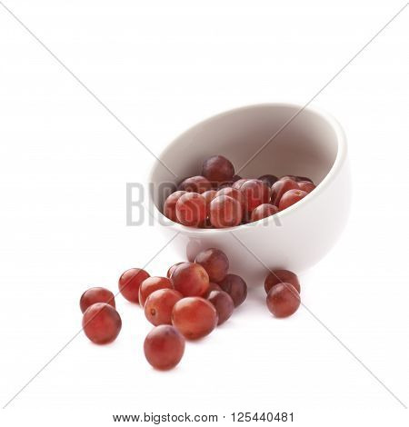 Dark red grapes spilled out of the white cermic bowl, composition isolated over the white background