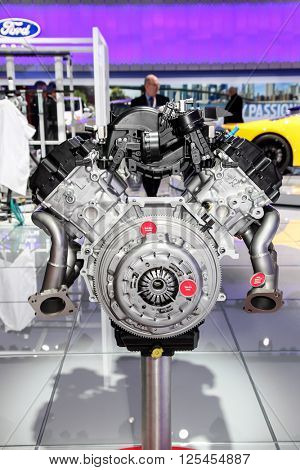 NEW YORK - MARCH 23: A Ford engine GT 350 5.2L V8 shown at the 2016 New York International Auto Show during Press day,  public show is running from March 25th through April 3, 2016 in New York, NY.