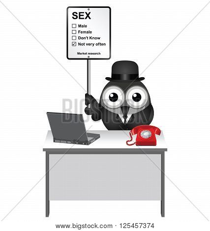 Comical market research sex sign with bird researcher sat at his desk