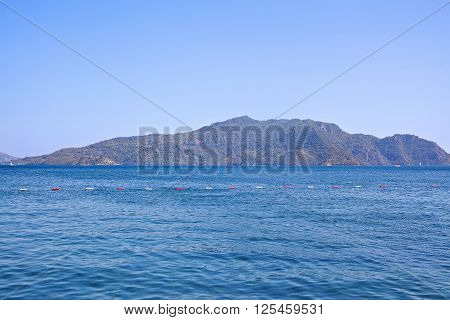 View of the Aegean Sea and the rocky mountains. Marmaris. Turkey.