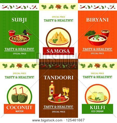 Indian cuisine special offer flat icons composition poster with spicy biryani rice dish abstract isolated vector illustration