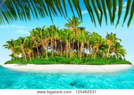 Whole Tropical Island Within Atoll In Tropical Ocean.