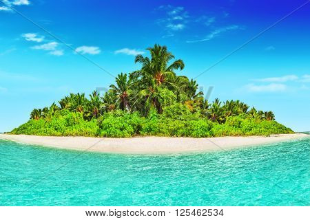 Whole Tropical Island Within Atoll In Tropical Ocean.