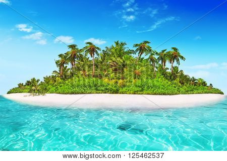 Whole Tropical Island Within Atoll In Tropical Ocean.