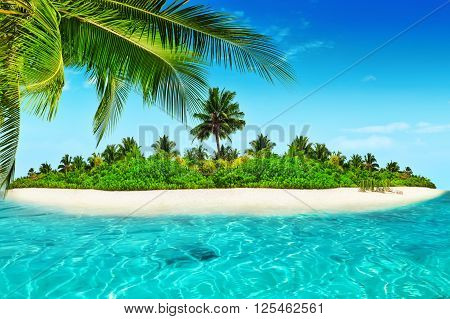 Whole Tropical Island Within Atoll In Tropical Ocean.