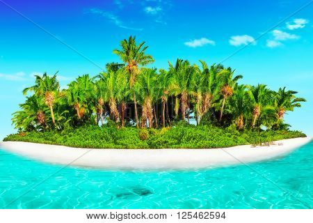 Whole Tropical Island Within Atoll In Tropical Ocean.