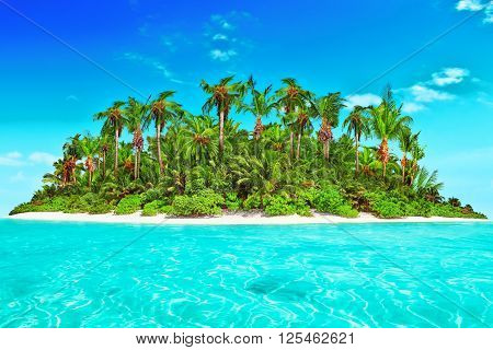 Whole Tropical Island Within Atoll In Tropical Ocean.