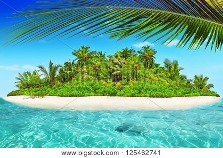 Whole Tropical Island Within Atoll In Tropical Ocean.
