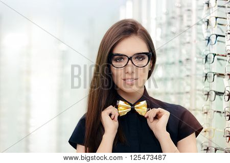 Elegant Bowtie Woman with Cat Eye Frame Glasses in Optical Store