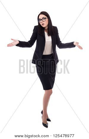 Full Length Portrait Of Pretty Business Woman Shrugs Shoulders With Open Palms Isolated On White