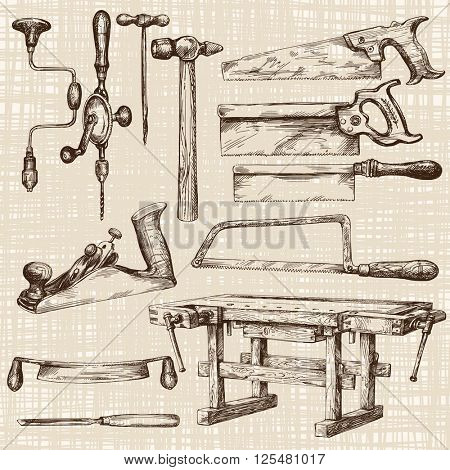 Carpentry workshop, set of tools.