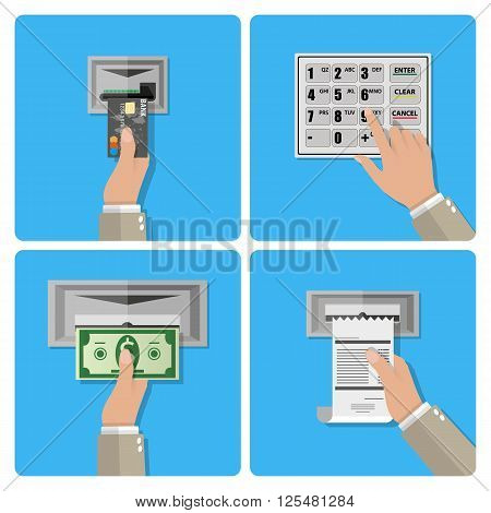 ATM terminal usage concept in four steps. hand inserts a credit card into ATM, hand dials pin code, hand takes the money from the ATM, hand takes receipt.  vector illustration in flat design