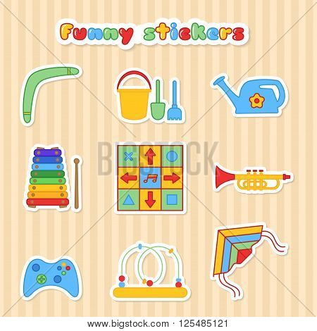 Set of vector stickers of toys. Collection of stikers of toys for children. Vector illustration in a flat style. Vector elements for web design, mobile applications, design flyers, discounts