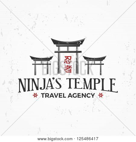 Vintage Japan temple Logo. Ninja insignia badge design. Martial art Team t-shirt illustration concept on grunge background.