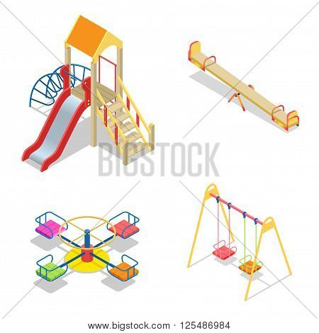 Playground. Playground slide theme elements. Isometric kids playground icons set. Flat 3d vector isometric high quality playground icon set.