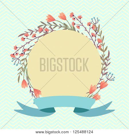 vector illustration for greeting card. wreath of spring flowers and ribbon for an inscription