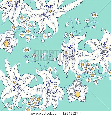 vector floral background with hand drawn white lily