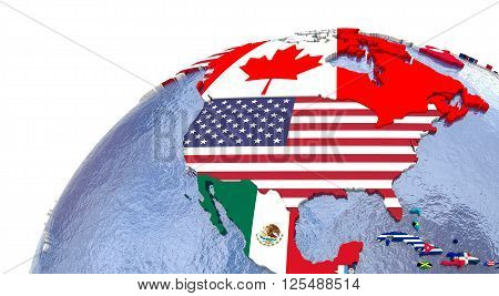Political map of north America with each country represented by its national flag. 3D Rendering