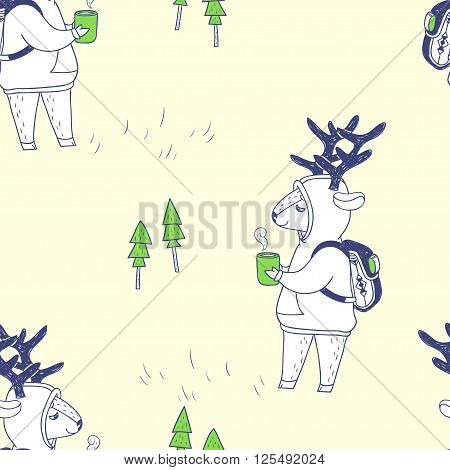 vector seamless pattern with cute deer in the forest