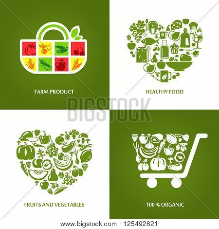 Set of concept icons for farm products healthy food organic market and restaurant. Fruits and vegetables icons restaurant healthy and vegetarian food.
