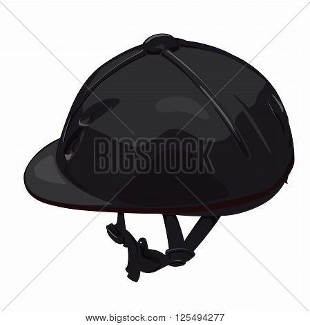 Black riding helmet. Isolated jockey protection on white background. Dirty, realistic object from equestrian enviroment with horses. Horse racing equipment. Flatten isolated master vector illustration