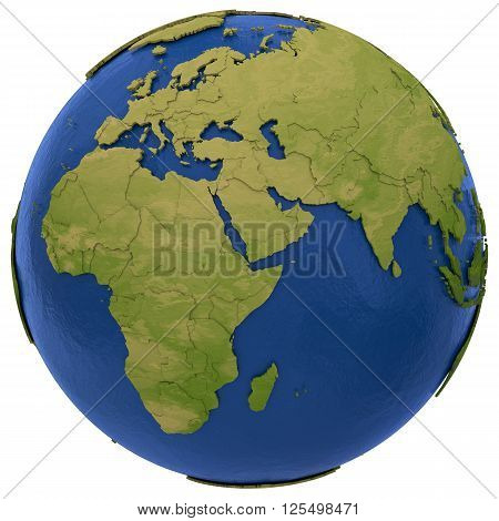 EMEA region on detailed model of planet Earth with visible country borders on green land and waves on the ocean waters. Illustration isolated on white background. 3D Rendering