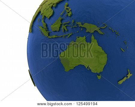Australasia on detailed model of planet Earth with visible country borders on green land and waves on the ocean waters. 3D Rendering