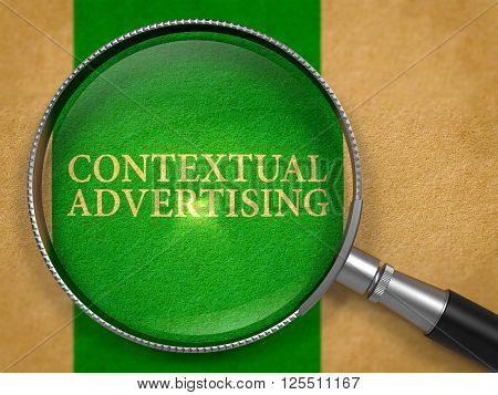 Contextual Advertising through Lens on Old Paper with Green Vertical Line Background. 3D Render.