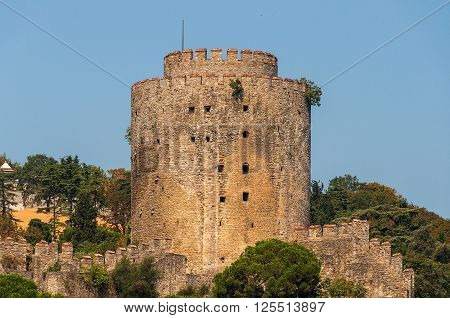 Rumelihisar also known as Rumelian Castle and Roumeli Hissar Castle. Watchtower of stone fortress at the Bosporus straight. Istanbul Turkey