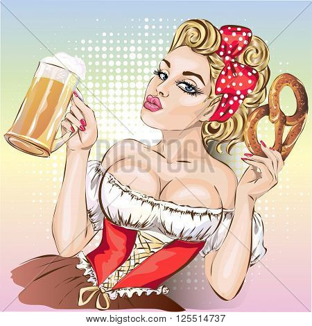 Oktoberfest Pin-up Woman With Beer And Pretzel Wearing German Traditional Dress Dirndl