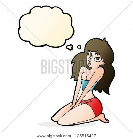 cartoon woman in skimpy clothing with thought bubble