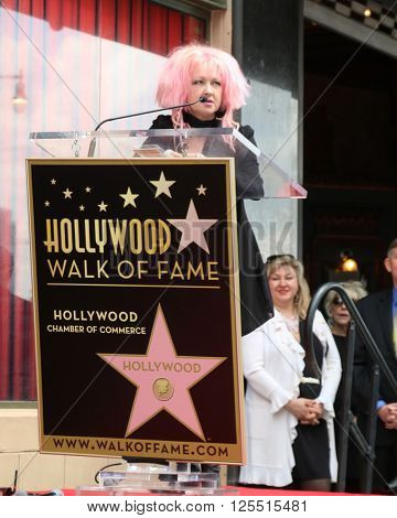LOS ANGELES - APR 11:  Cyndi Lauper at the Harvey Fierstein and Cyndi Lauper Hollywood Walk of Fame Ceremony at the Pantages Theater on April 11, 2016 in Los Angeles, CA