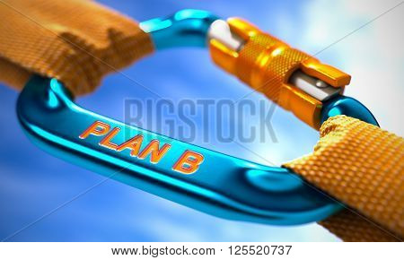 Plan B on Blue Carabine with Orange Ropes. Focus on the Carabine. 3D Render.