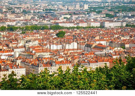 Aerial view on Lyon city in sunlight