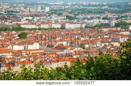 Aerial view on Lyon city in sunlight