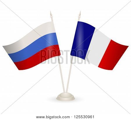 Table stand with flags of Russia and France. Symbolizing the cooperation between the two countries.